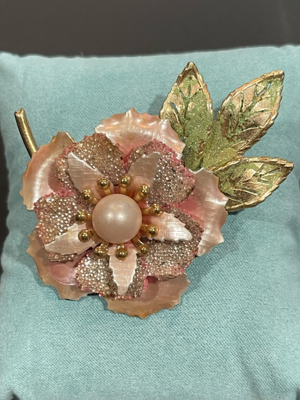 Elegant Pink Pearl Flower Brooch with Gold Leaves